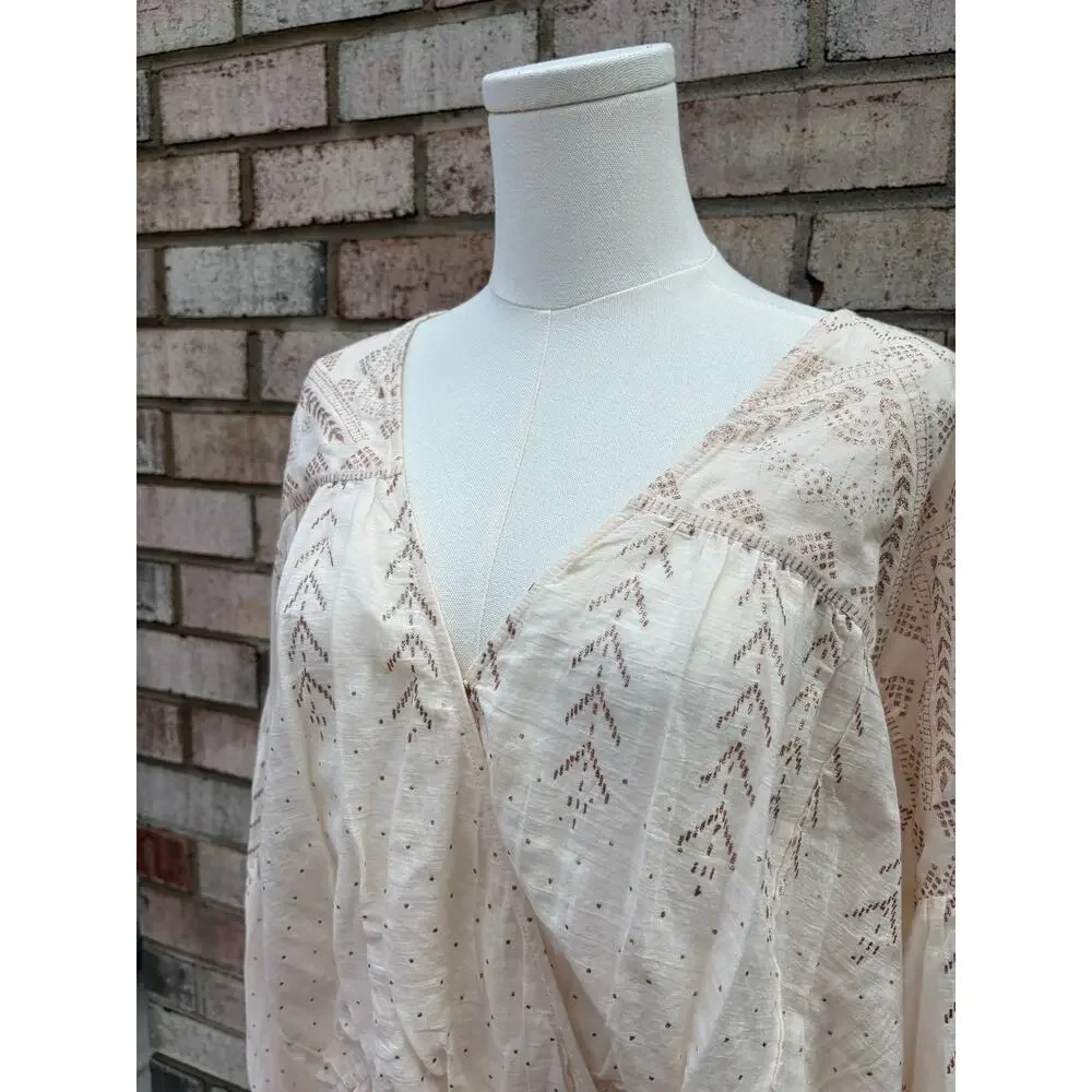 Free People Counting Stars Peplum Top Large Cream Gold Metallic Ruffle Peasant